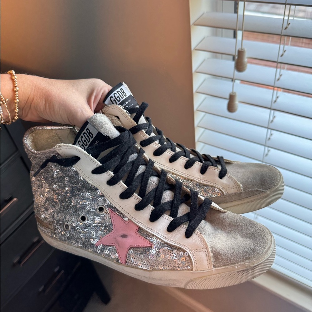 Golden Goose Silver Sequin Sneakers with Pink Star —